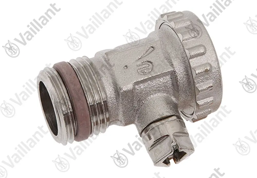 Vaillant Wartungshahn mit einem Anschluss und einer Dichtung. Das Bauteil hat eine metallische Oberfläche und eine abgewinkelte Form.